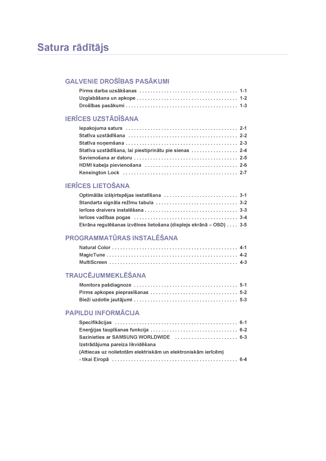 Samsung LS22PUHKF/EN, LS23PUHKF/EN, LS22PUHKFY/EN, LS24PUHKF/EN manual Satura rādītājs, Ierīces Uzstādīšana 