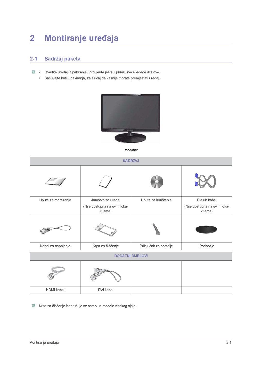 Samsung LS24PUHKF/EN, LS23PUHKF/EN, LS22PUHKFY/EN, LS22PUHKF/EN manual Montiranje uređaja, Sadržaj paketa, Dodatni Dijelovi 