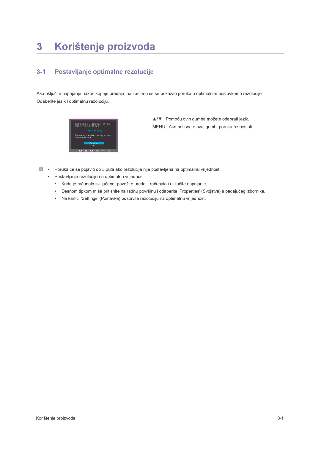 Samsung LS24PUHKF/EN, LS23PUHKF/EN, LS22PUHKFY/EN, LS22PUHKF/EN manual Korištenje proizvoda, Postavljanje optimalne rezolucije 