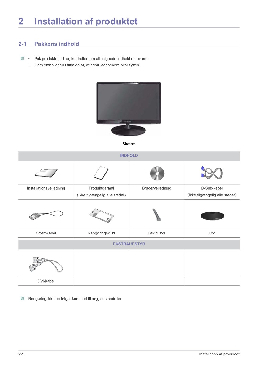 Samsung LS23PUHKF/EN manual Pakkens indhold, Indhold, Ekstraudstyr 