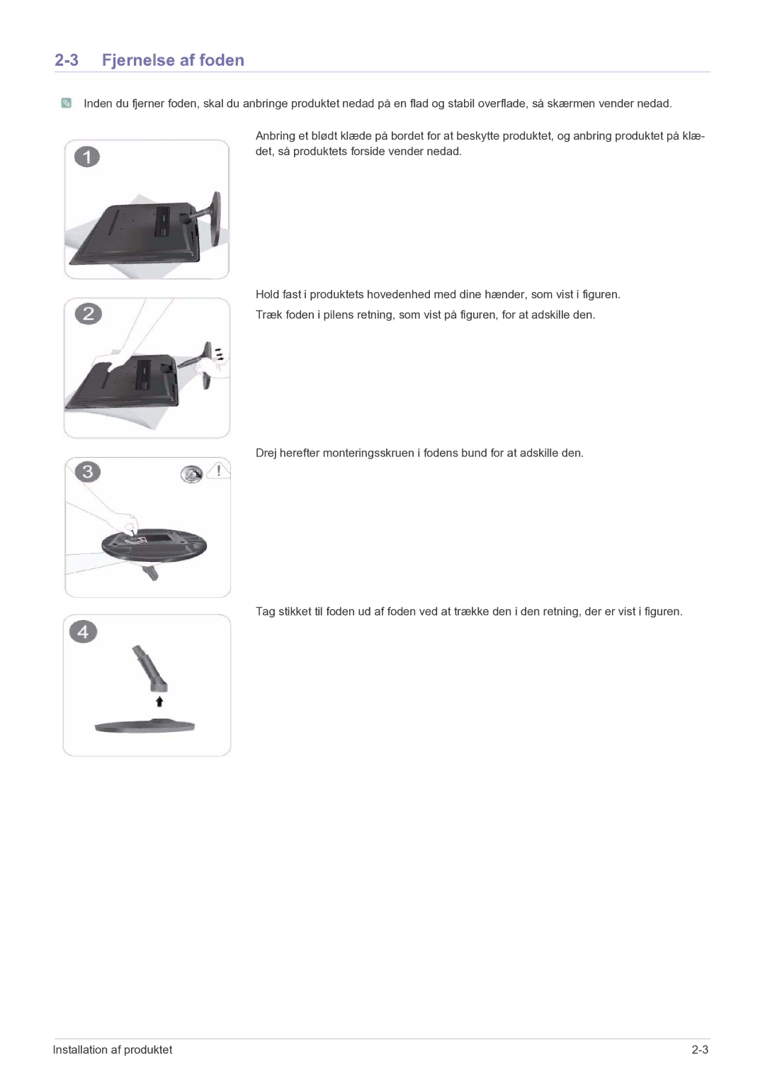 Samsung LS23PUHKF/EN manual Fjernelse af foden 