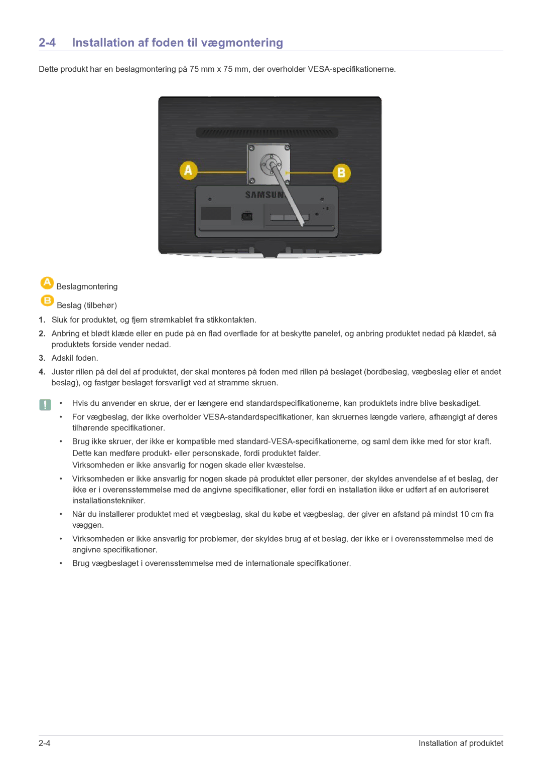 Samsung LS23PUHKF/EN manual Installation af foden til vægmontering 