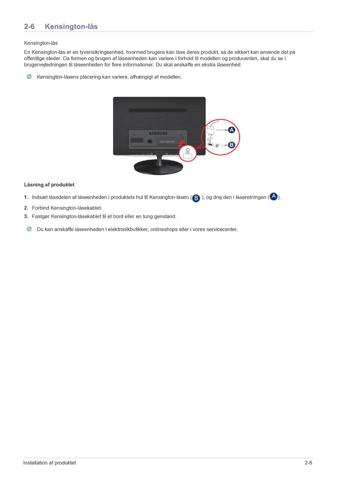 Samsung LS23PUHKF/EN manual Kensington-lås, Låsning af produktet 