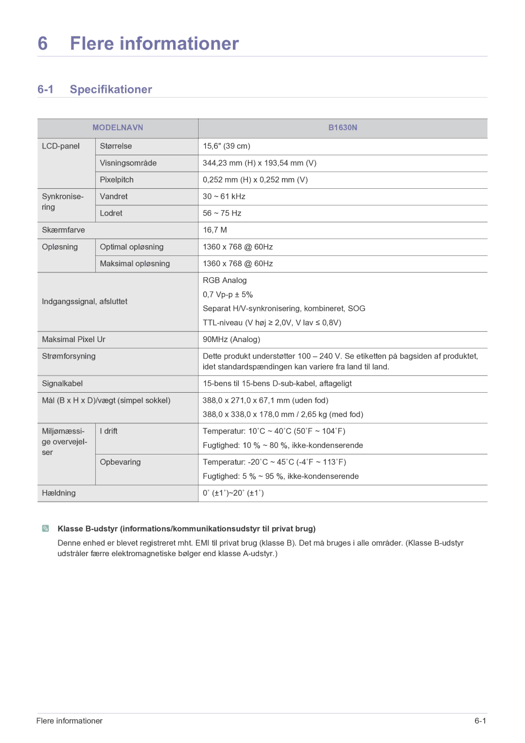 Samsung LS23PUHKF/EN manual Specifikationer, Modelnavn, B1630N 