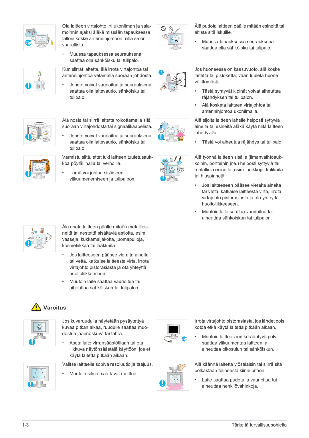 Samsung LS23PUHKF/EN manual Tämä voi johtaa sisäiseen ylikuumenemiseen ja tulipaloon 