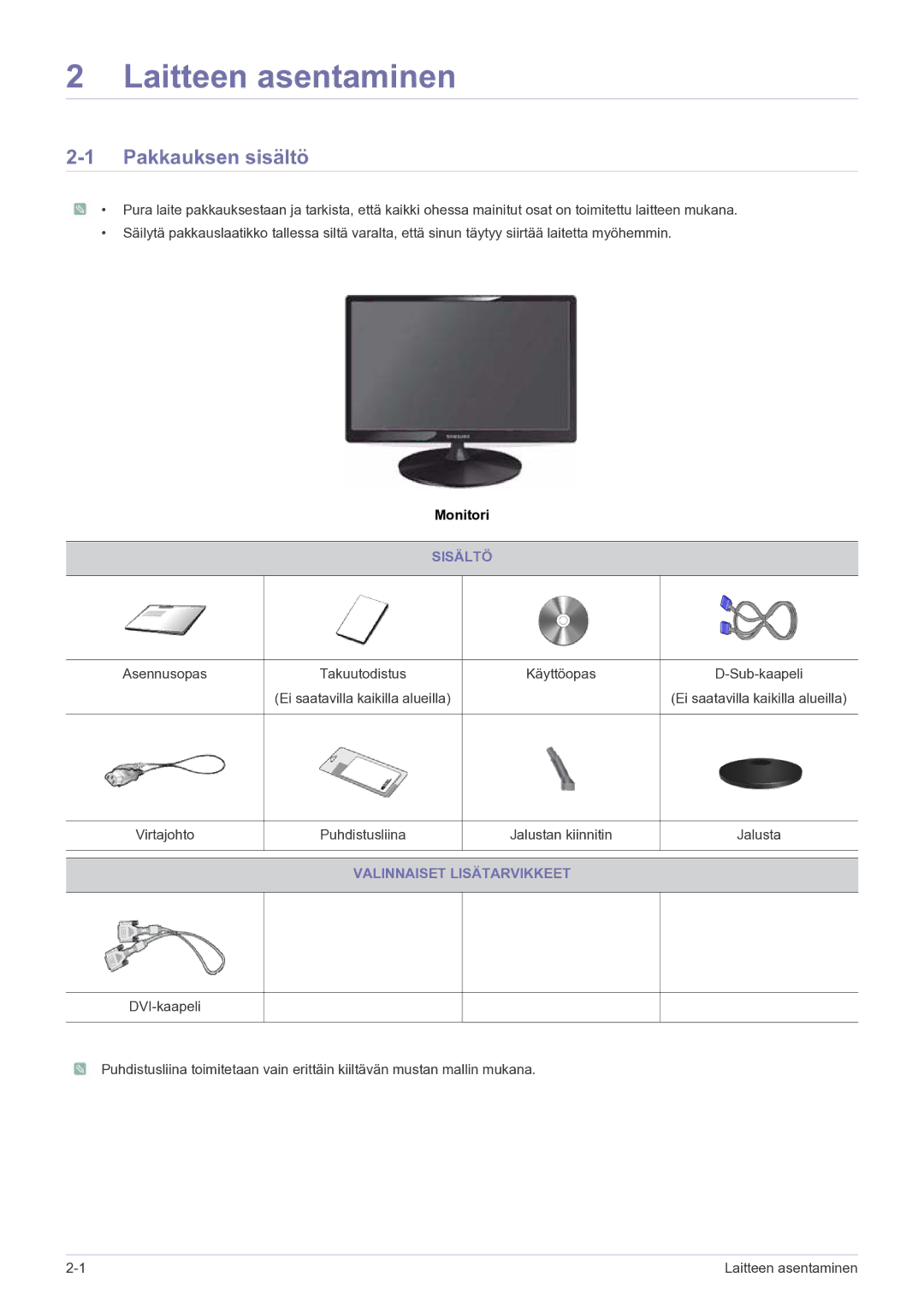 Samsung LS23PUHKF/EN manual Pakkauksen sisältö, Sisältö, Valinnaiset Lisätarvikkeet 