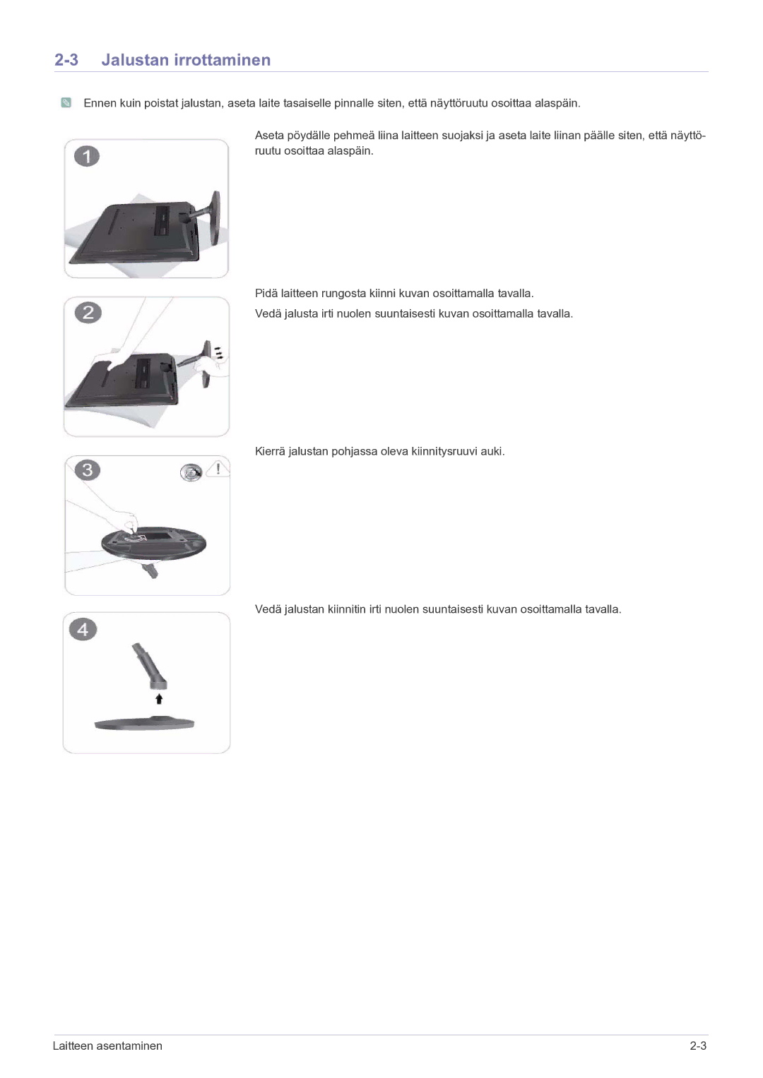 Samsung LS23PUHKF/EN manual Jalustan irrottaminen 