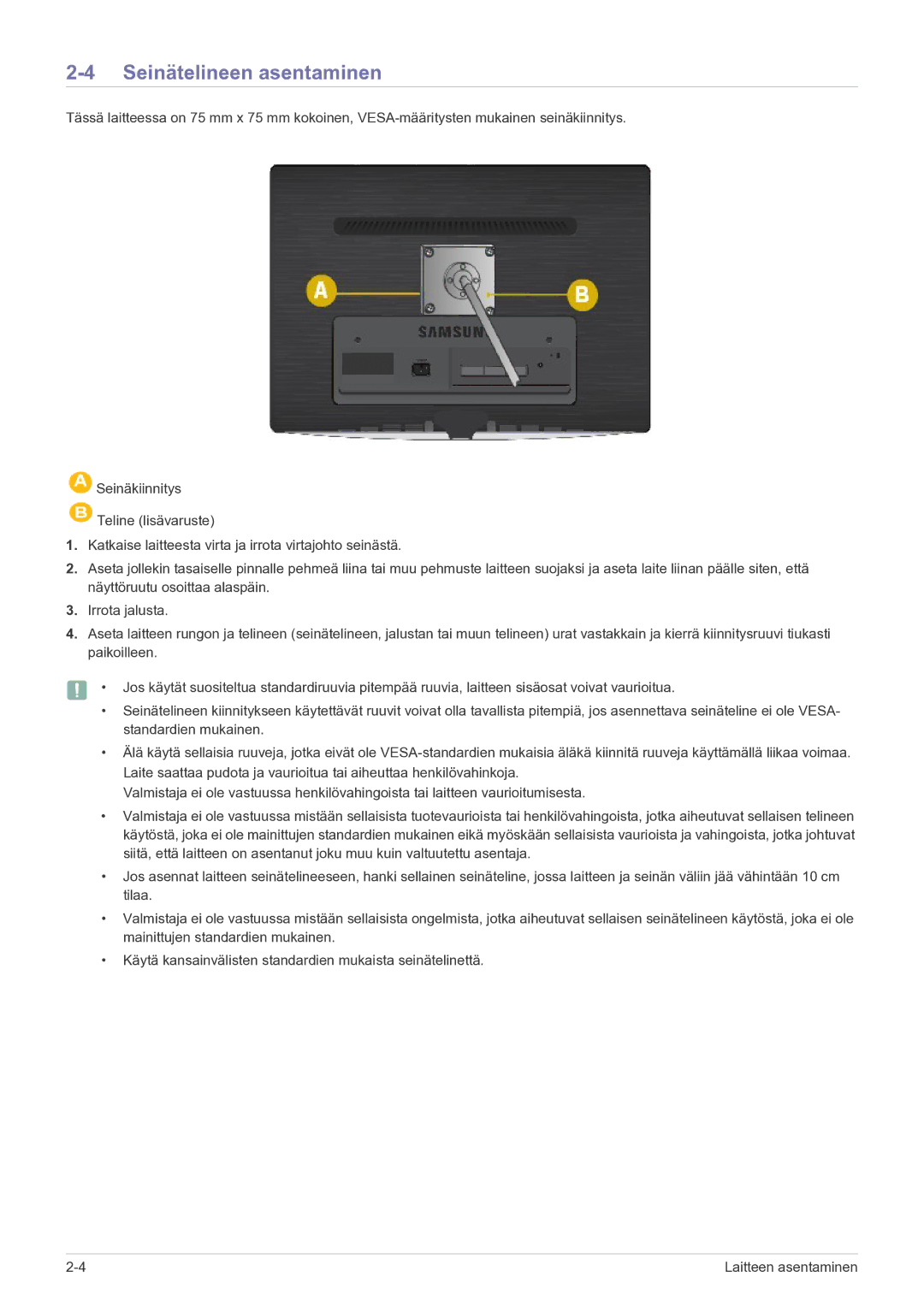 Samsung LS23PUHKF/EN manual Seinätelineen asentaminen 