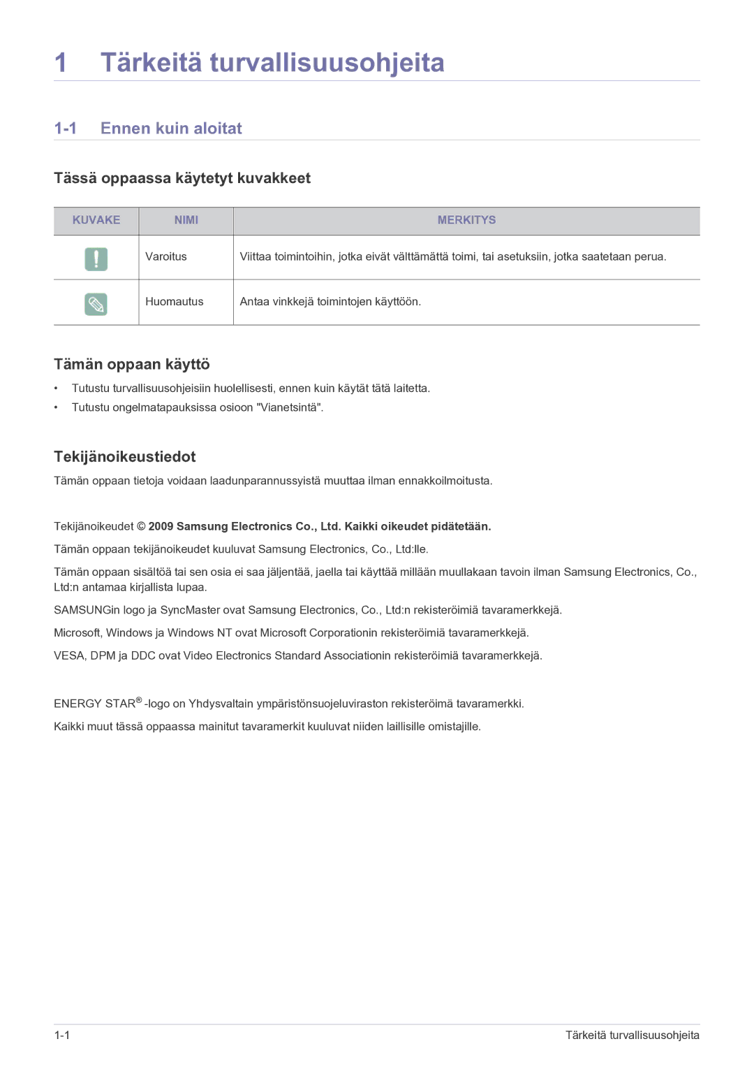 Samsung LS23PUHKF/EN manual Ennen kuin aloitat, Tässä oppaassa käytetyt kuvakkeet, Tämän oppaan käyttö, Tekijänoikeustiedot 