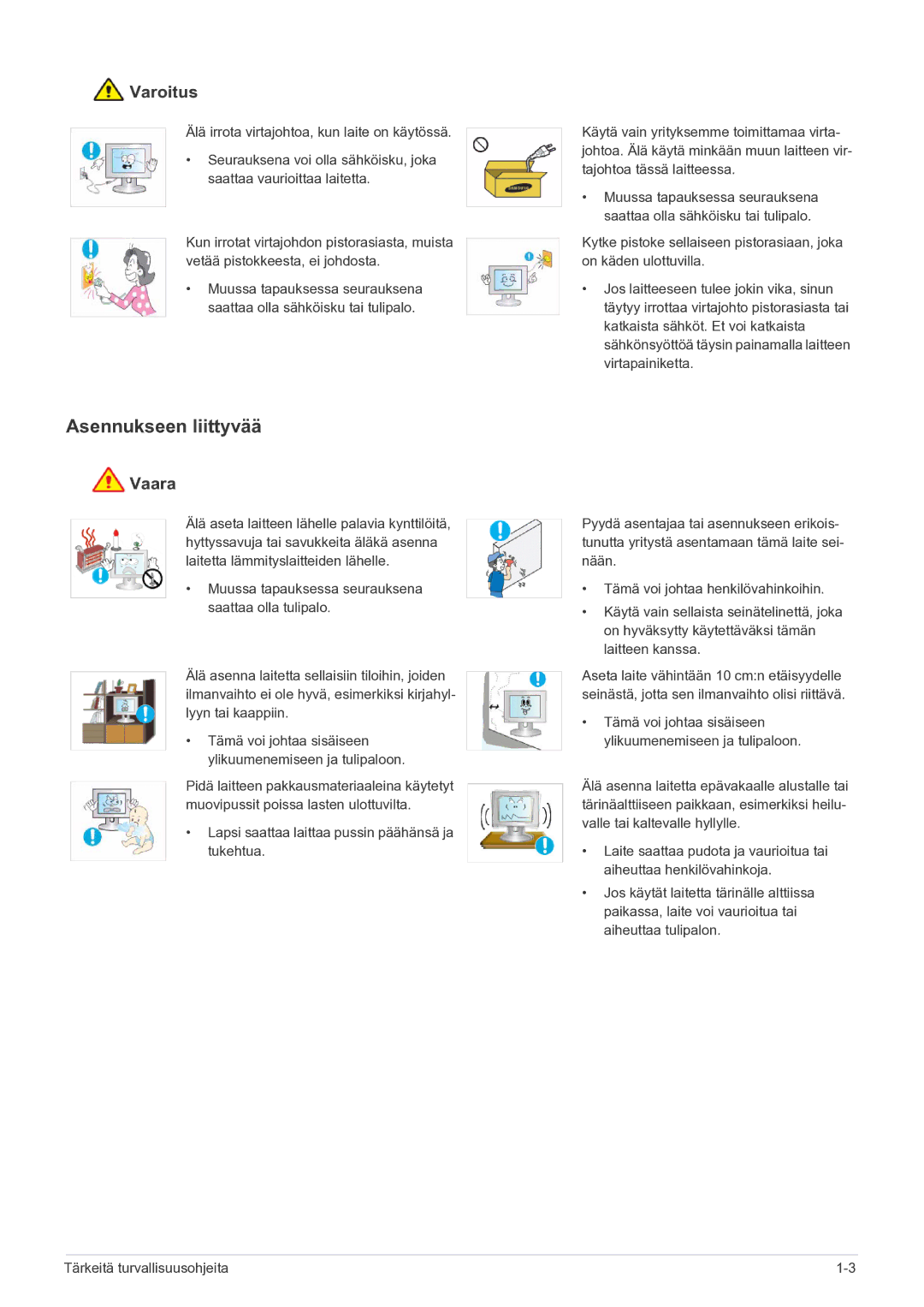 Samsung LS23PUHKF/EN manual Asennukseen liittyvää, Varoitus 