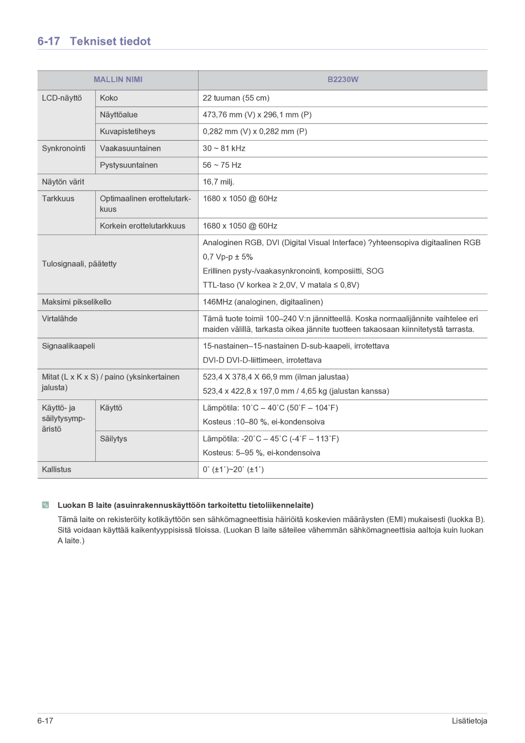 Samsung LS23PUHKF/EN manual B2230W 