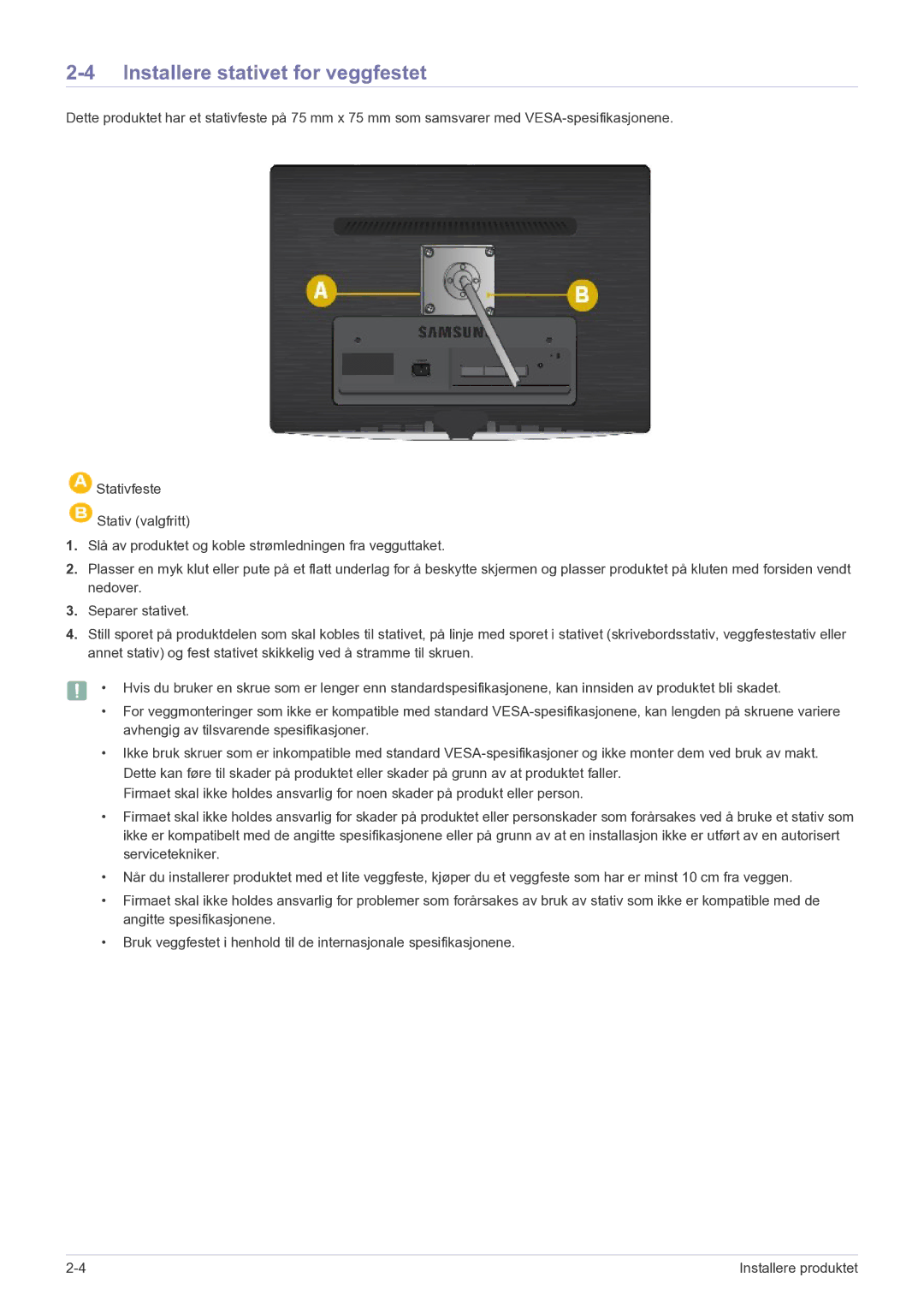 Samsung LS23PUHKF/EN manual Installere stativet for veggfestet 