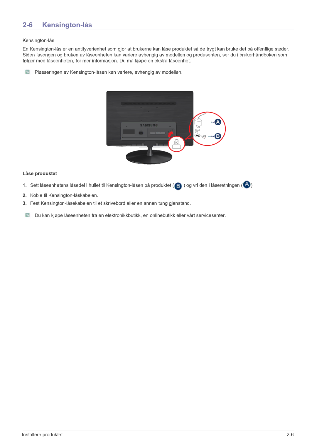 Samsung LS23PUHKF/EN manual Kensington-lås, Låse produktet 