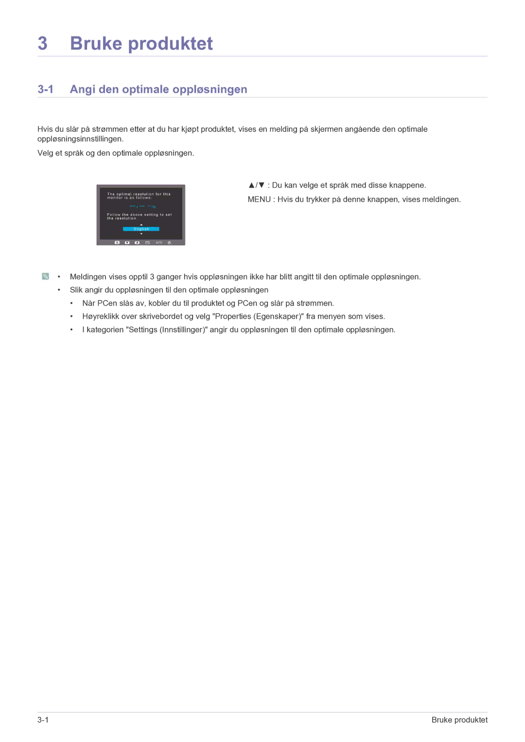 Samsung LS23PUHKF/EN manual Bruke produktet, Angi den optimale oppløsningen 