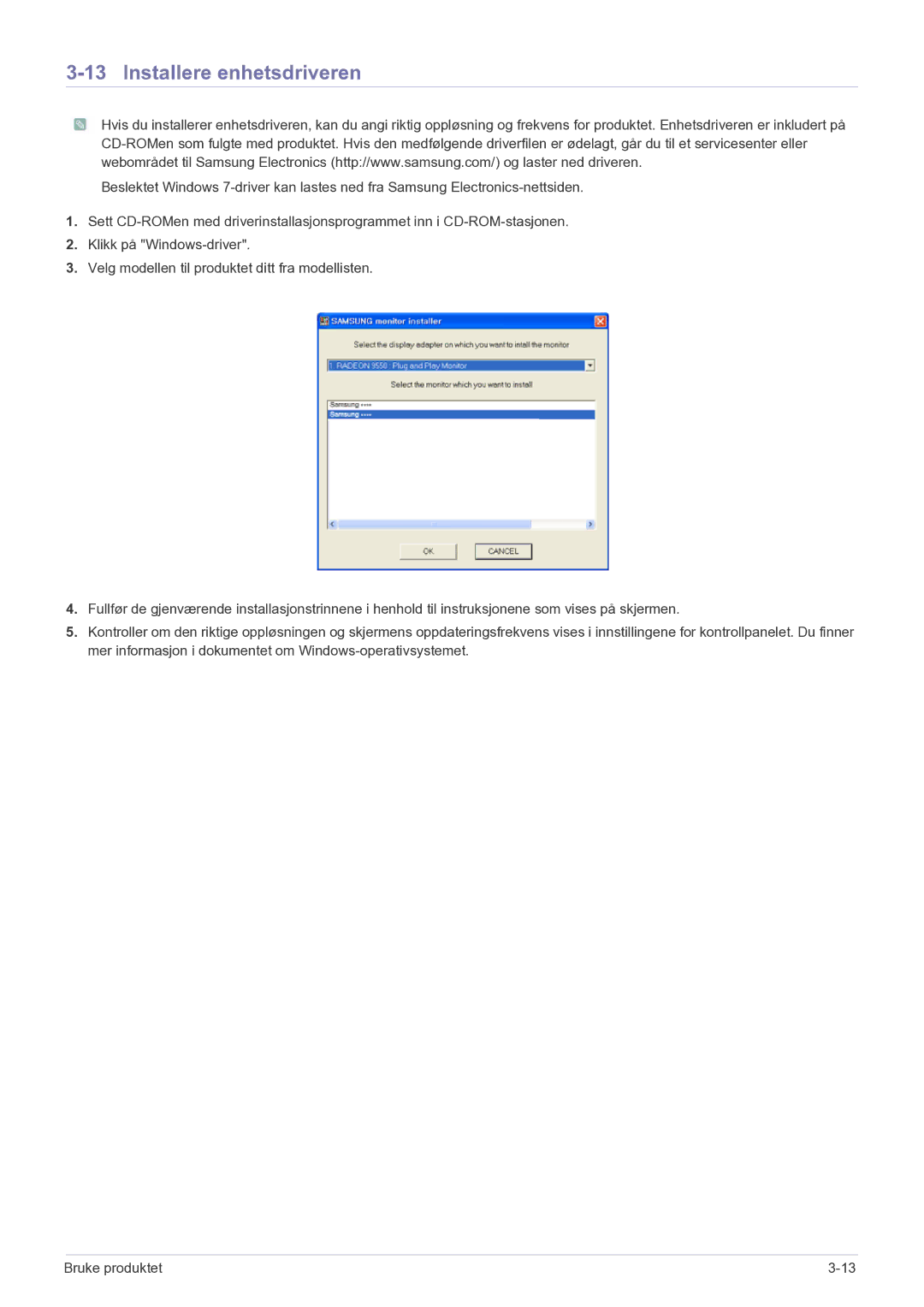 Samsung LS23PUHKF/EN manual Installere enhetsdriveren 