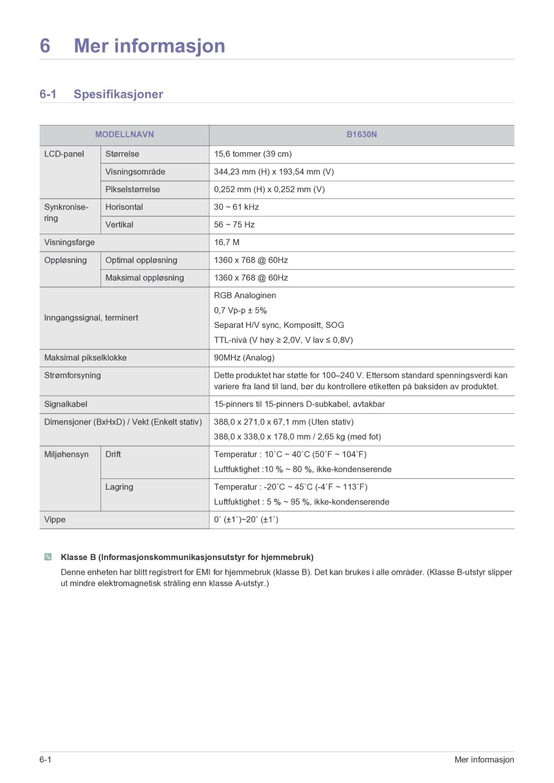 Samsung LS23PUHKF/EN manual Spesifikasjoner, Modellnavn, B1630N, Klasse B Informasjonskommunikasjonsutstyr for hjemmebruk 