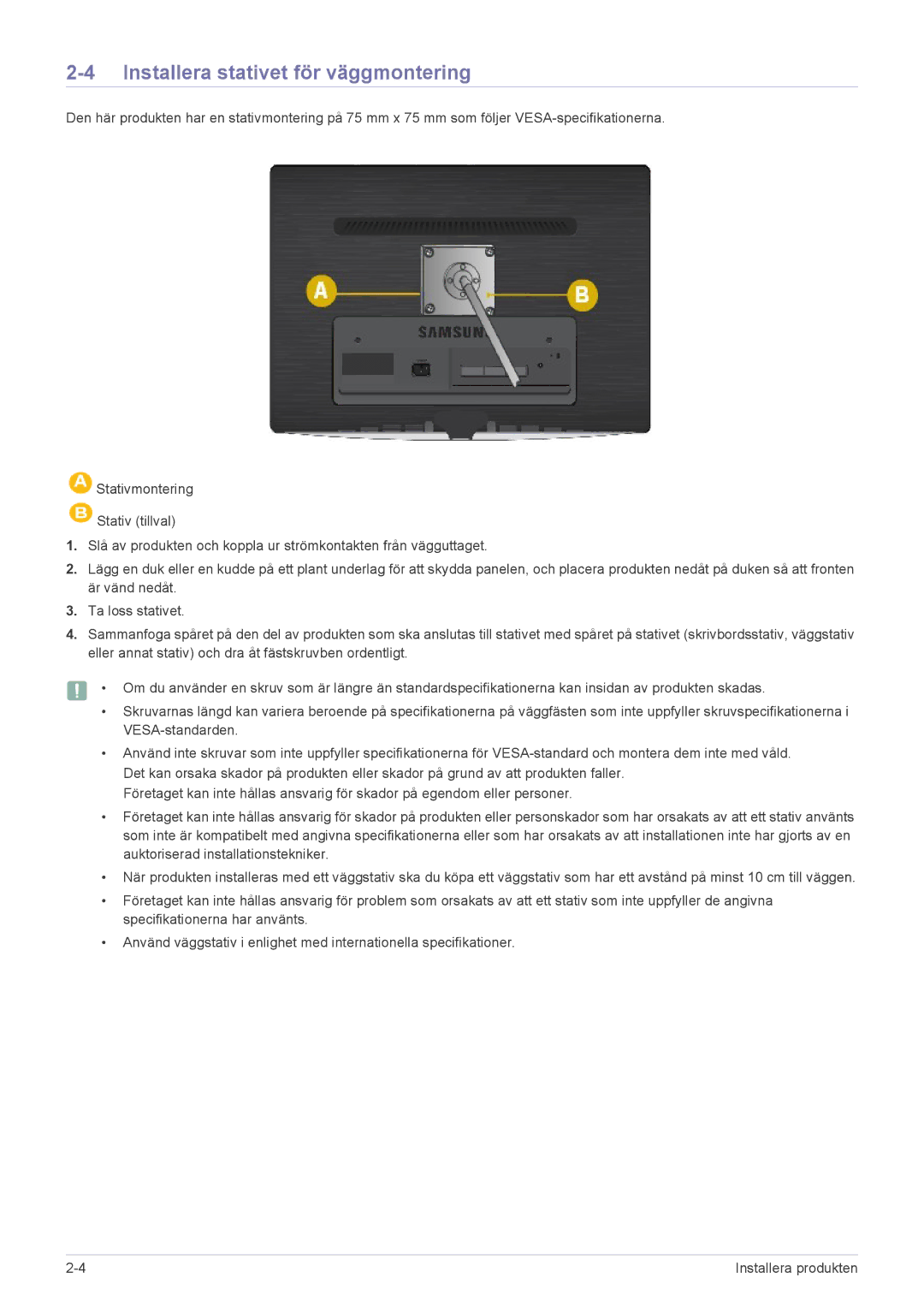 Samsung LS23PUHKF/EN manual Installera stativet för väggmontering 