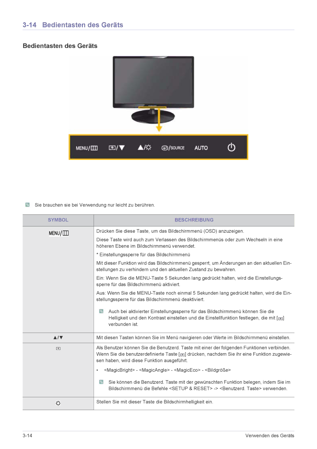 Samsung LS22PUKKF/EN, LS23PUHKFV/EN, LS20PUZKF/EN, LS22PUYKFHEN, LS23PUHKF/EN Bedientasten des Geräts, Symbol Beschreibung 