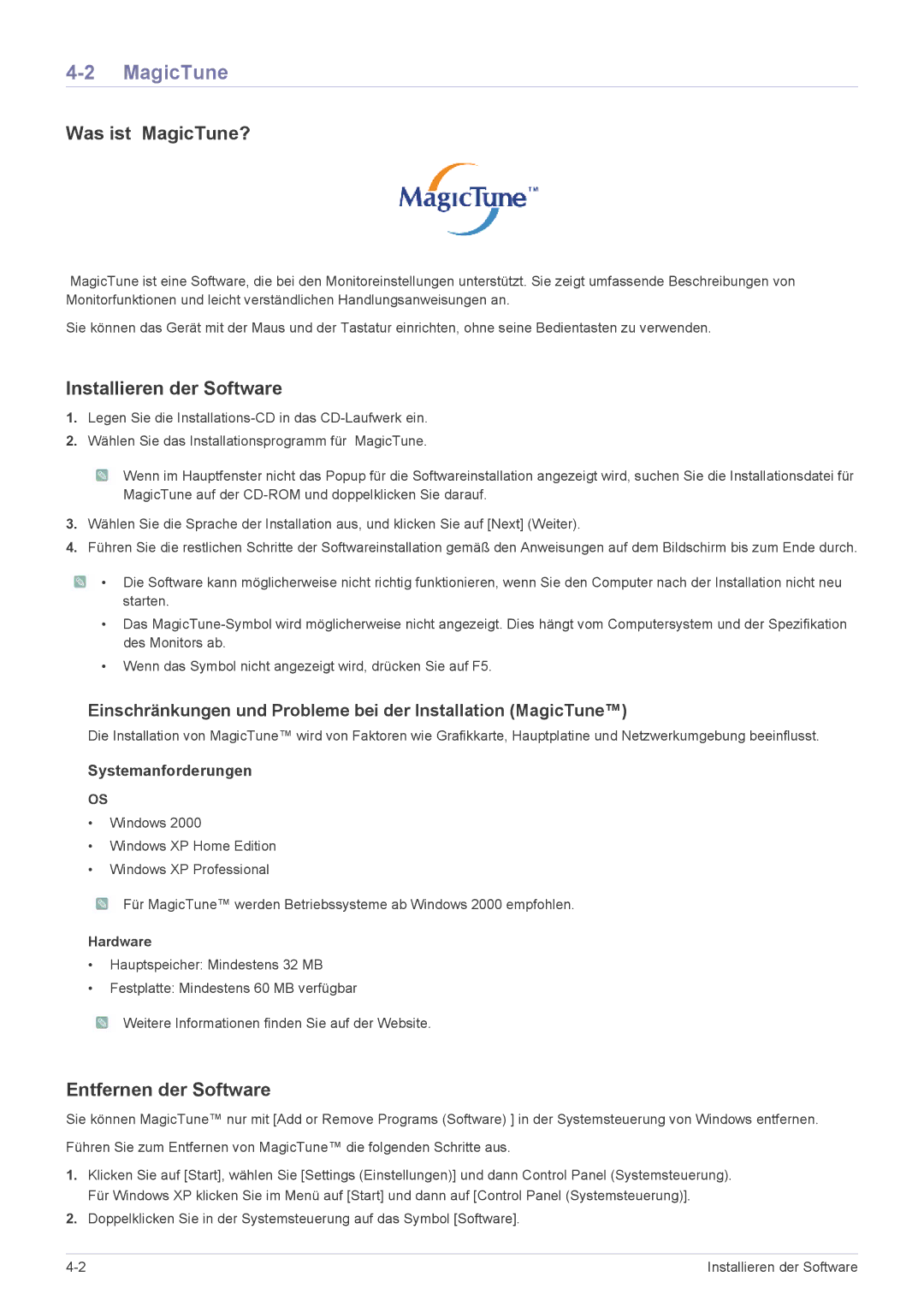 Samsung LS20PUZKF/EN, LS23PUHKFV/EN, LS22PUYKFHEN Was ist MagicTune?, Installieren der Software, Entfernen der Software 