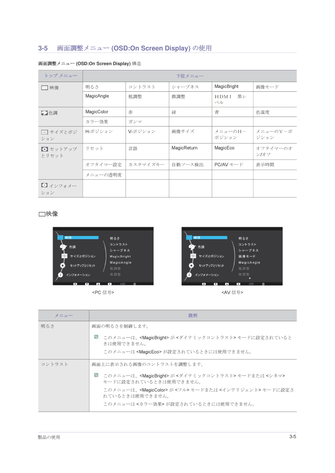 Samsung LS23PUHKFV/XJ, LS22PUHKFV/XJ, LS24PUHKFV/XJ manual 画面調整メニュー OSDOn Screen Display の使用, 下位メニュー 