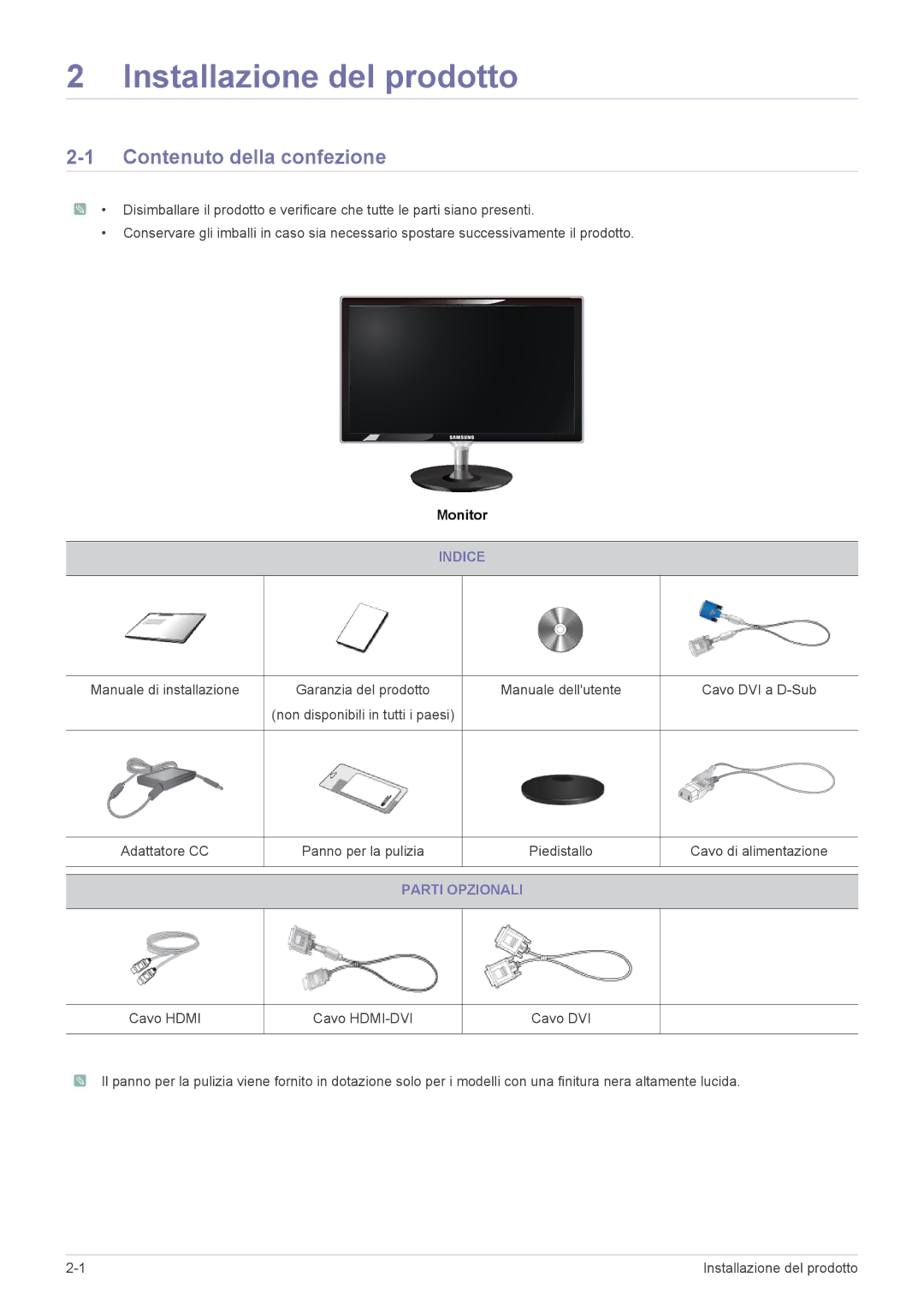 Samsung LS23WHEKFV/EN manual Installazione del prodotto, Contenuto della confezione, Indice, Parti Opzionali 