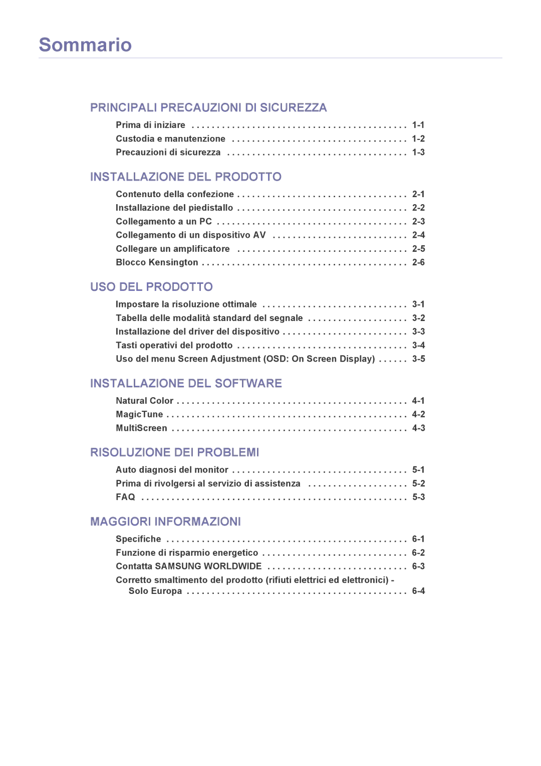 Samsung LS23WHEKFV/EN manual Sommario, Installazione DEL Prodotto 