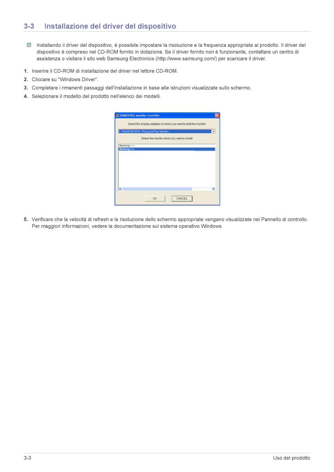 Samsung LS23WHEKFV/EN manual Installazione del driver del dispositivo 