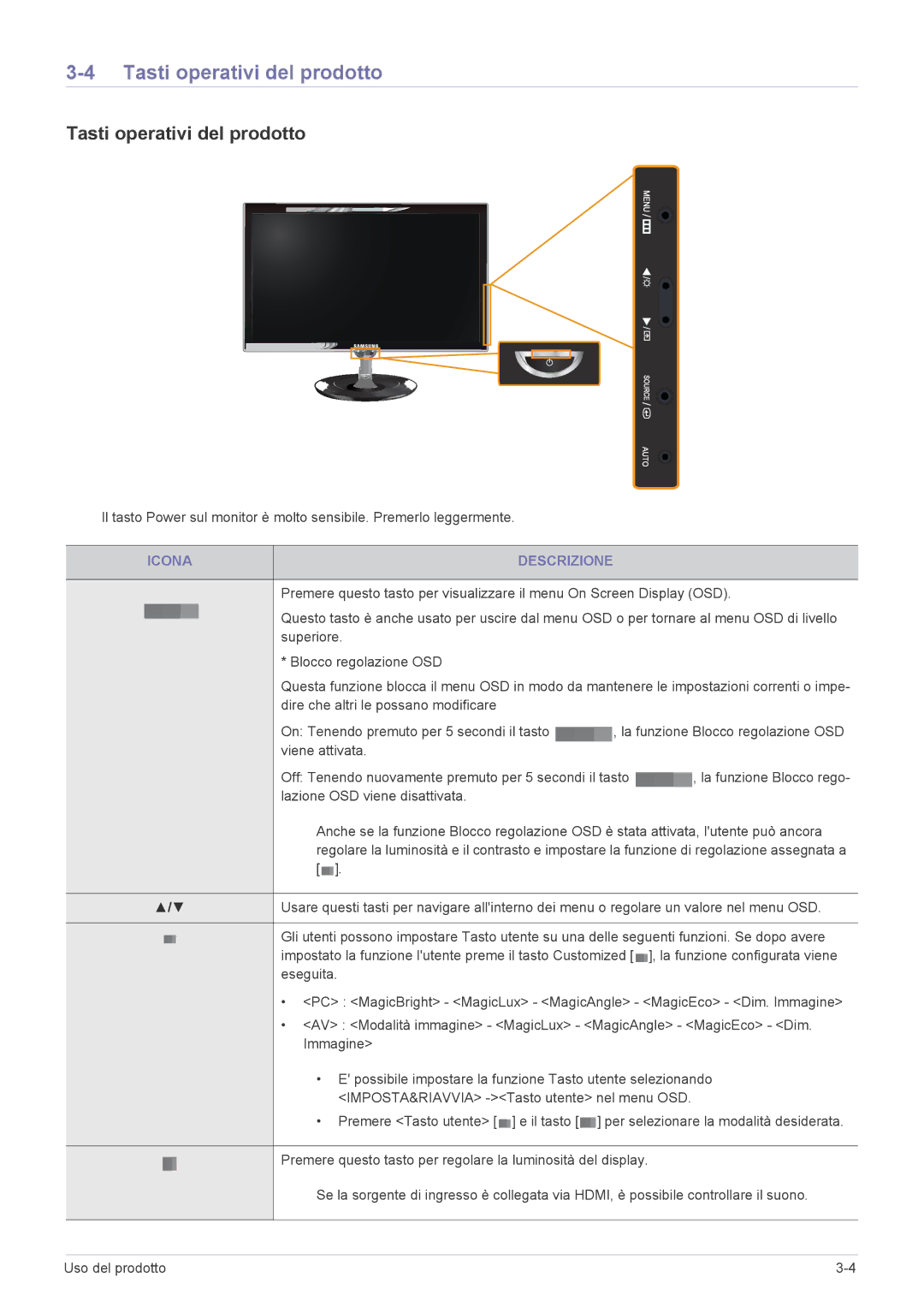 Samsung LS23WHEKFV/EN manual Tasti operativi del prodotto, Icona Descrizione 