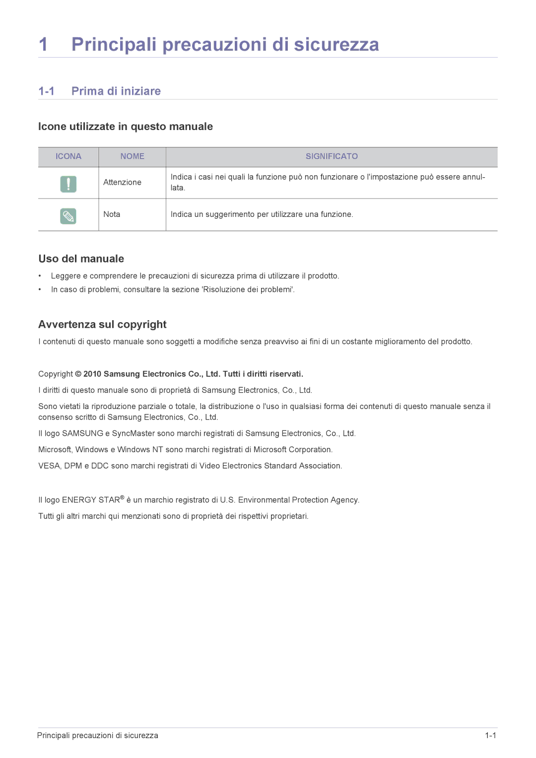 Samsung LS23WHEKFV/EN Principali precauzioni di sicurezza, Prima di iniziare, Icone utilizzate in questo manuale 