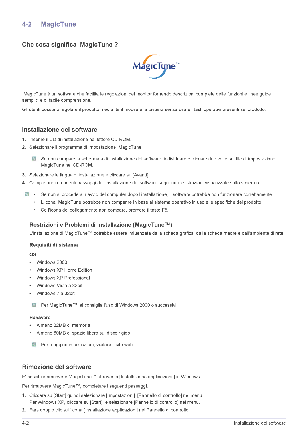 Samsung LS23WHEKFV/EN Che cosa significa MagicTune ?, Installazione del software, Rimozione del software, Hardware 