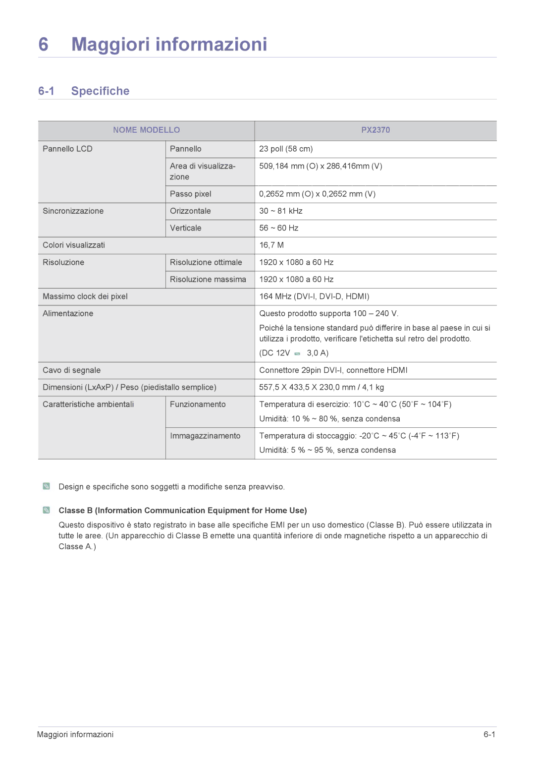 Samsung LS23WHEKFV/EN manual Maggiori informazioni, Specifiche, Nome Modello 