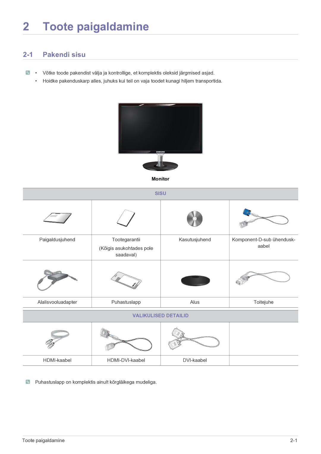 Samsung LS23WHEKFV/EN manual Toote paigaldamine, Pakendi sisu, Sisu, Valikulised Detailid 