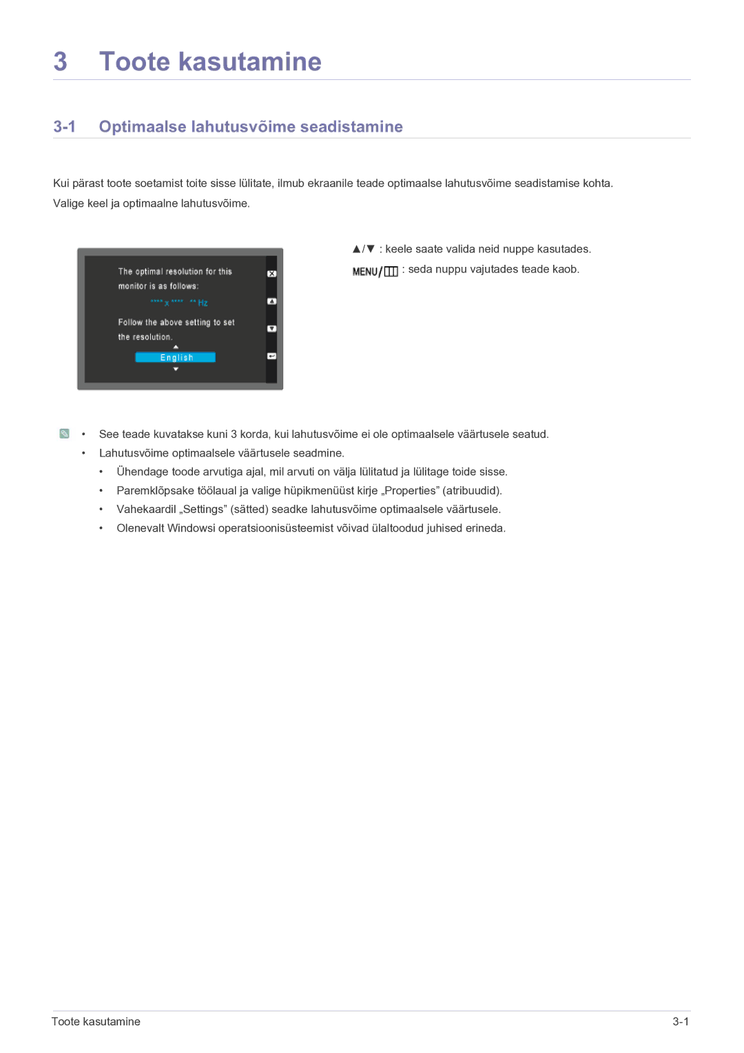 Samsung LS23WHEKFV/EN manual Toote kasutamine, Optimaalse lahutusvõime seadistamine 