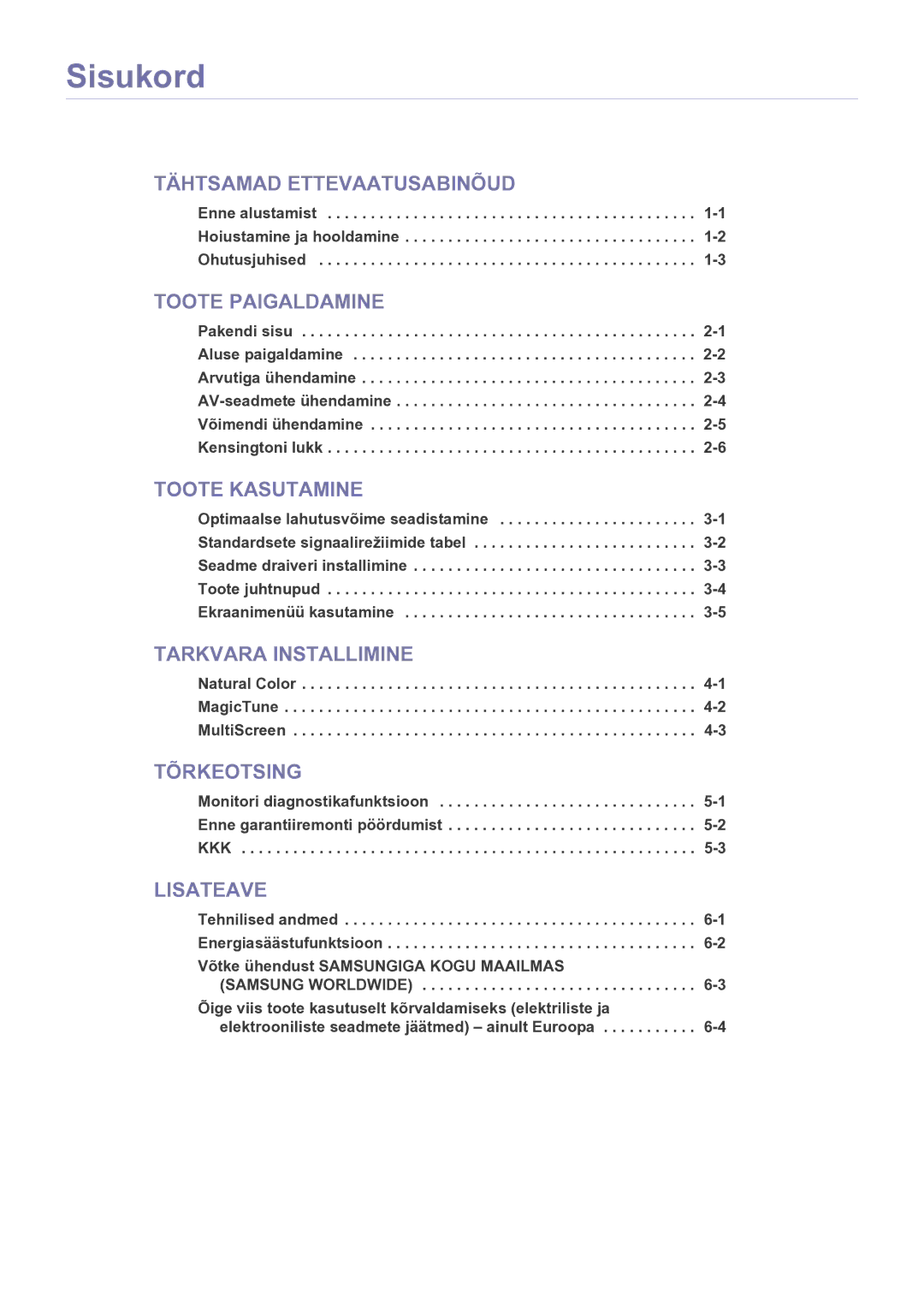 Samsung LS23WHEKFV/EN manual Sisukord, Tehnilised andmed -1 Energiasäästufunktsioon 