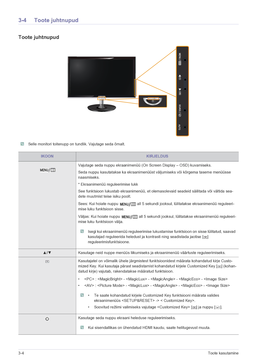 Samsung LS23WHEKFV/EN manual Toote juhtnupud, Ikoon Kirjeldus 