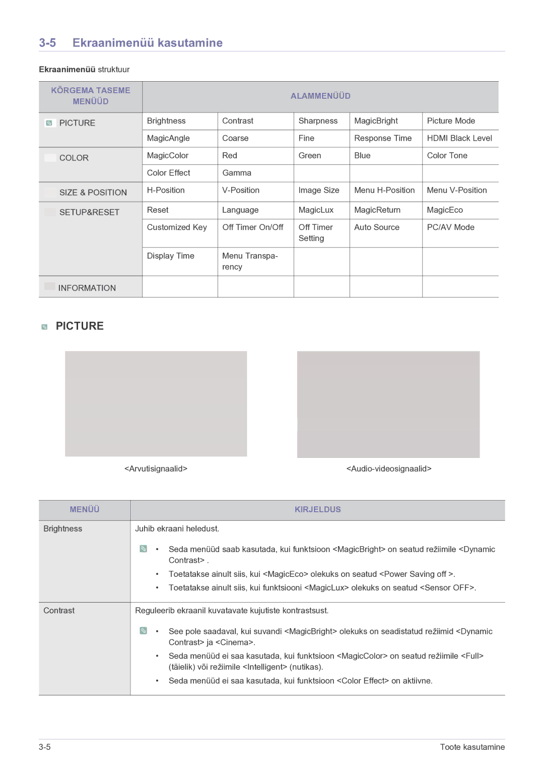 Samsung LS23WHEKFV/EN Ekraanimenüü kasutamine, Ekraanimenüü struktuur, Kõrgema Taseme Alammenüüd Menüüd, Menüü Kirjeldus 