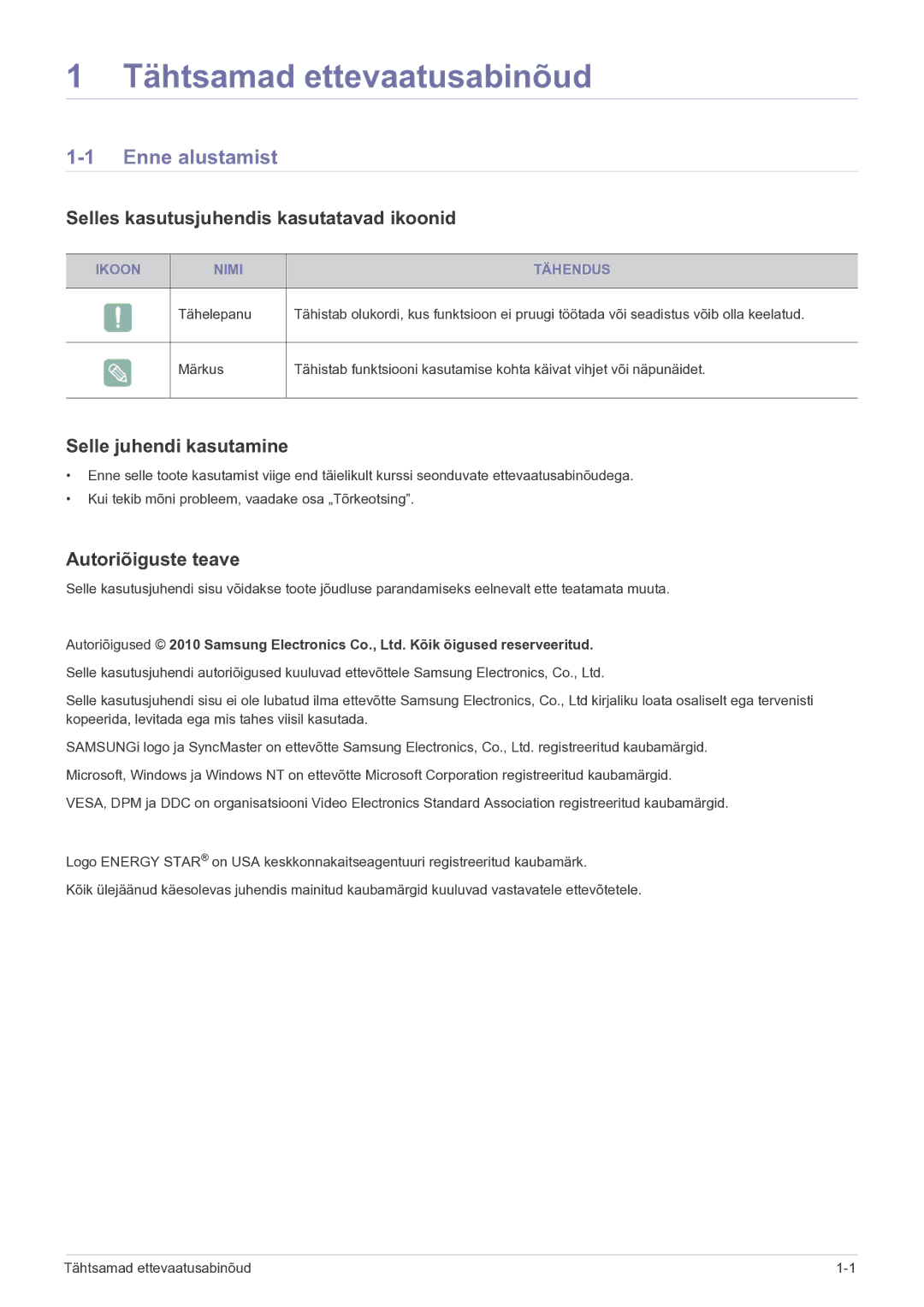 Samsung LS23WHEKFV/EN manual Tähtsamad ettevaatusabinõud, Enne alustamist, Selles kasutusjuhendis kasutatavad ikoonid 