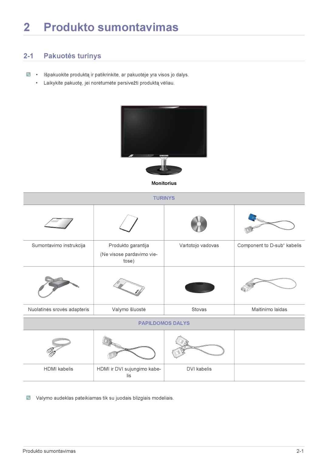 Samsung LS23WHEKFV/EN manual Produkto sumontavimas, Pakuotės turinys, Turinys, Papildomos Dalys 