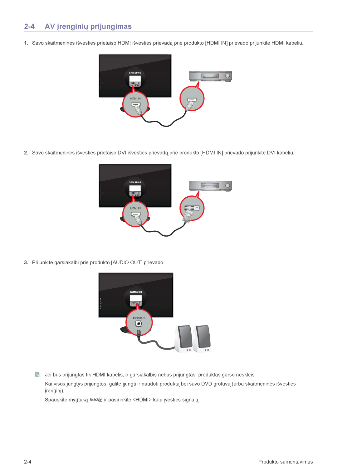 Samsung LS23WHEKFV/EN manual AV įrenginių prijungimas 