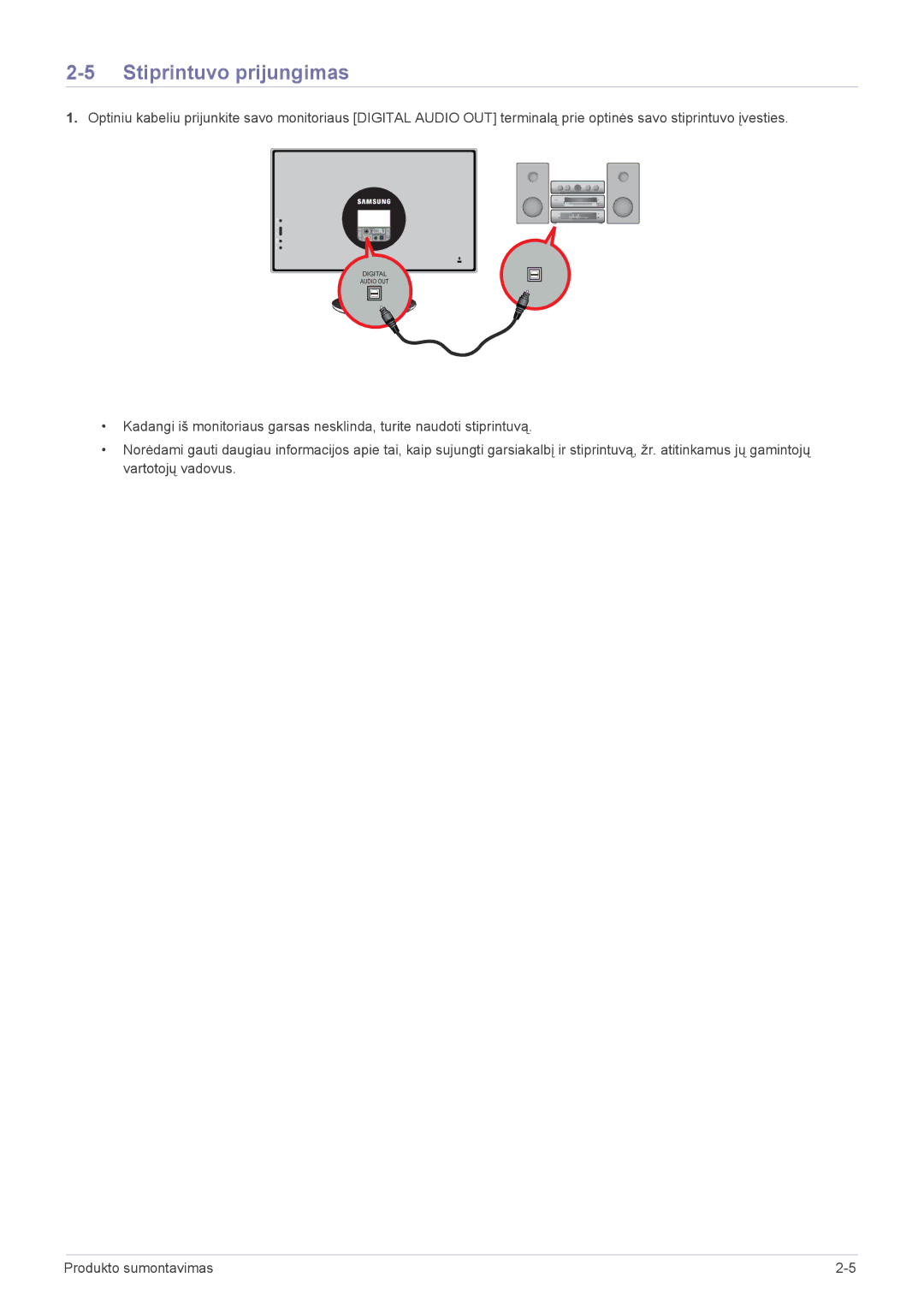 Samsung LS23WHEKFV/EN manual Stiprintuvo prijungimas 