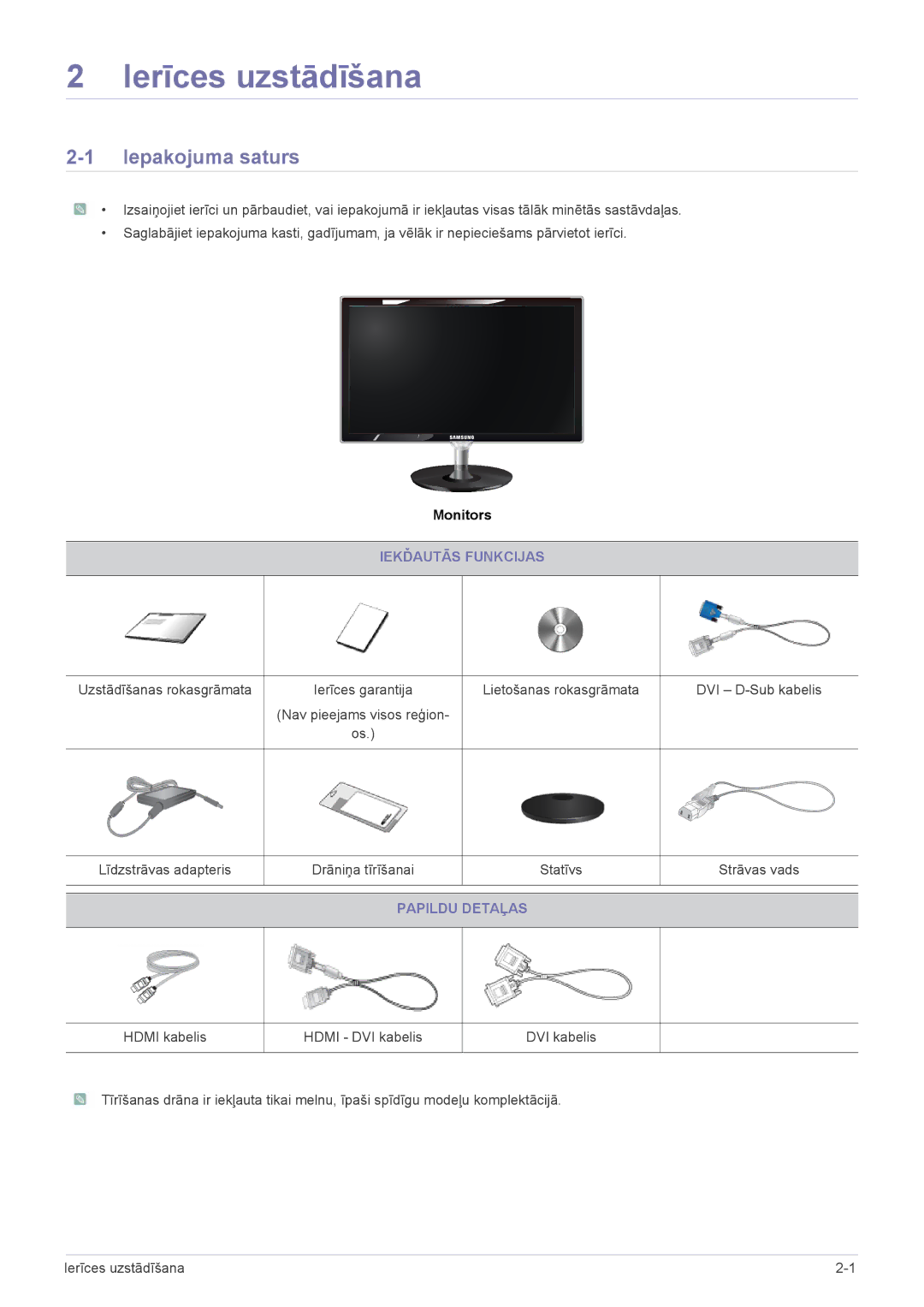 Samsung LS23WHEKFV/EN manual Ierīces uzstādīšana, Iepakojuma saturs, Iekďautās Funkcijas, Papildu Detaļas 