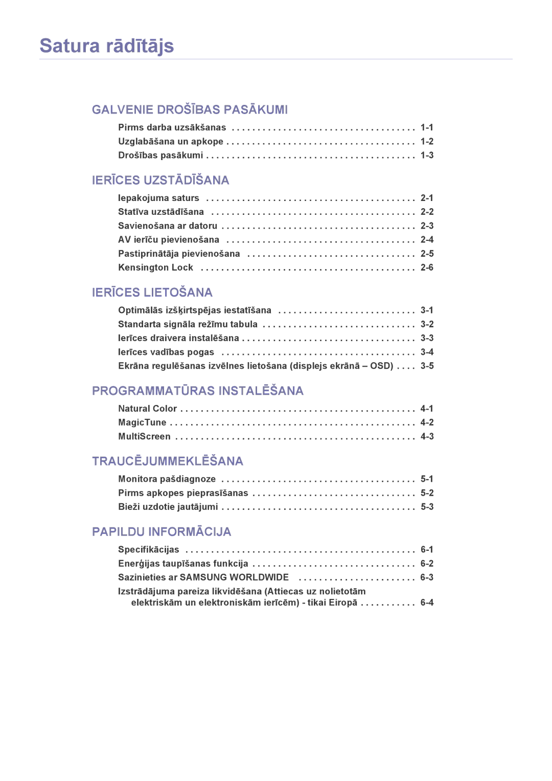 Samsung LS23WHEKFV/EN manual Satura rādītājs, Ierīces Uzstādīšana 