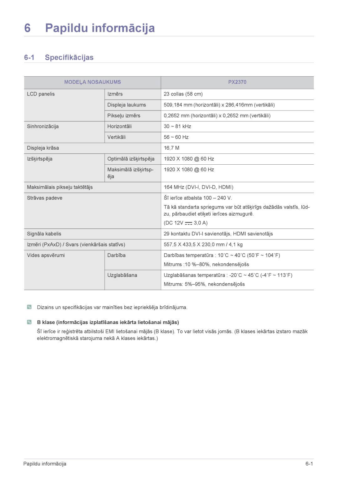 Samsung LS23WHEKFV/EN manual Papildu informācija, Specifikācijas, Modeļa Nosaukums 