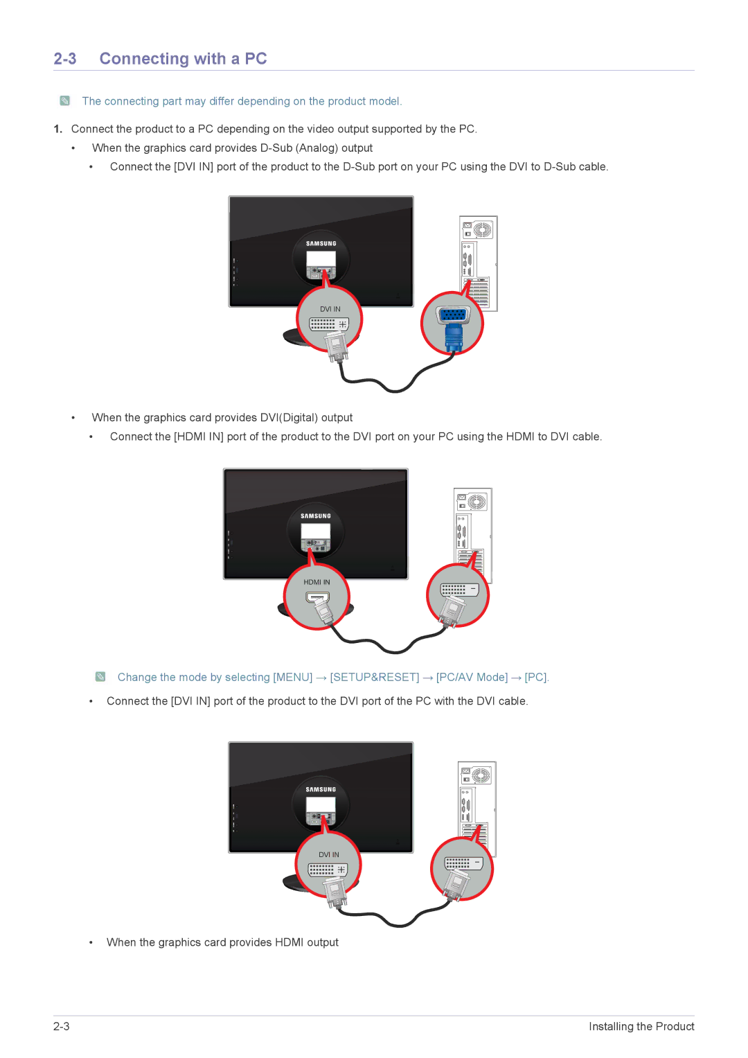 Samsung LS23WHEKFV/ZN, LS23WHEKFV/XJ manual Connecting with a PC, Connecting part may differ depending on the product model 