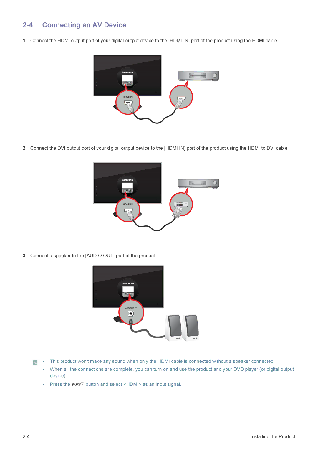 Samsung LS23WHUKFV/ZN, LS23WHEKFV/XJ, LS23WHUKFV/EN, LS23WHEKFV/EN, LS23WHUKFK/ZA, LS23WHEKFV/SM manual Connecting an AV Device 