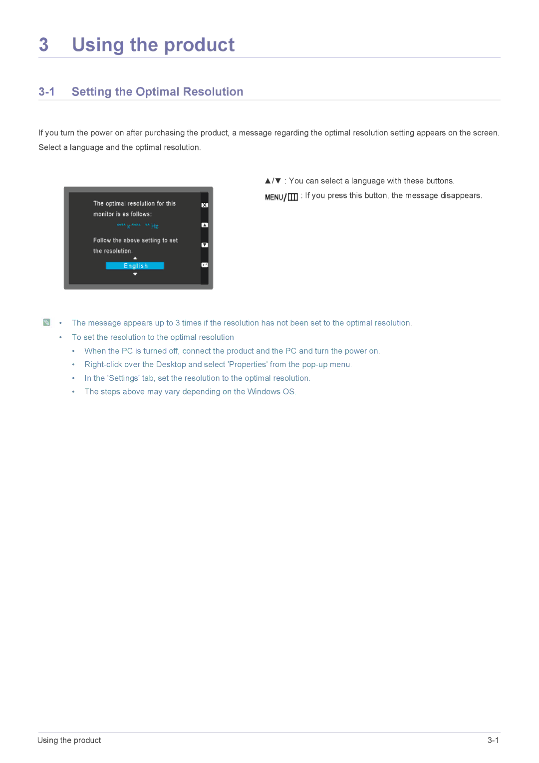 Samsung LS23WHUKFV/EN, LS23WHEKFV/XJ, LS23WHEKFV/EN, LS23WHUKFK/ZA manual Using the product, Setting the Optimal Resolution 