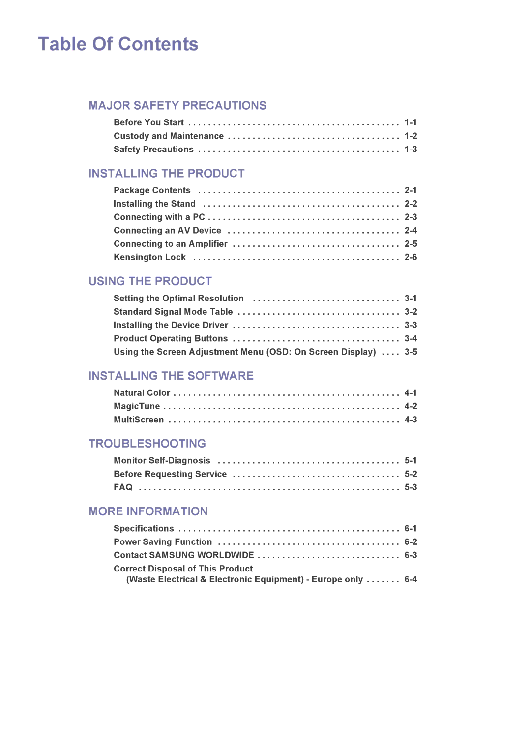 Samsung LS23WHEKFV/EN, LS23WHEKFV/XJ, LS23WHUKFV/EN, LS23WHUKFK/ZA, LS23WHEKFV/SM, LS23WHEKFV/ZN manual Table Of Contents 