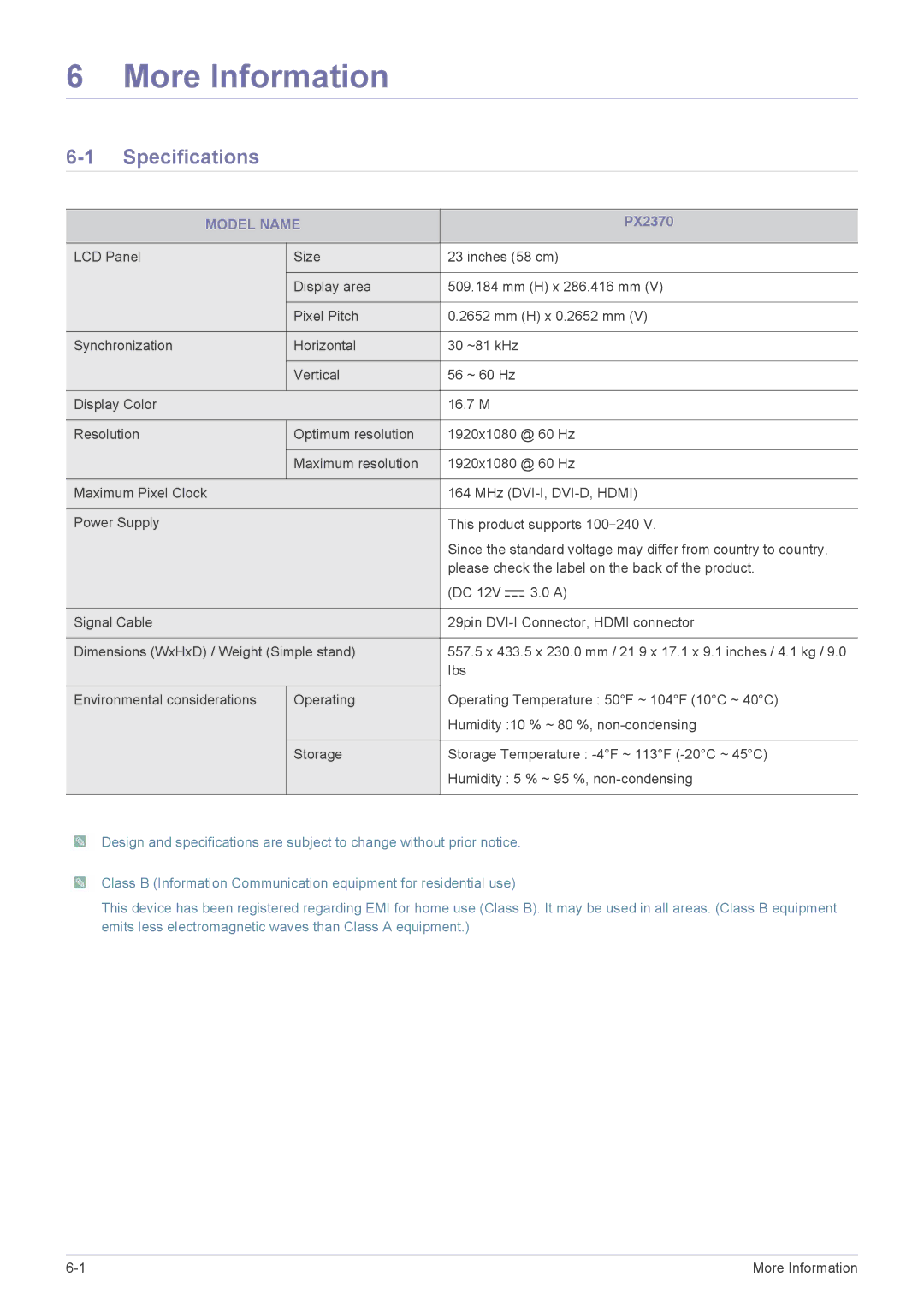 Samsung LS23WHEKFV/SM, LS23WHEKFV/XJ, LS23WHUKFV/EN, LS23WHEKFV/EN manual More Information, Specifications, Model Name 