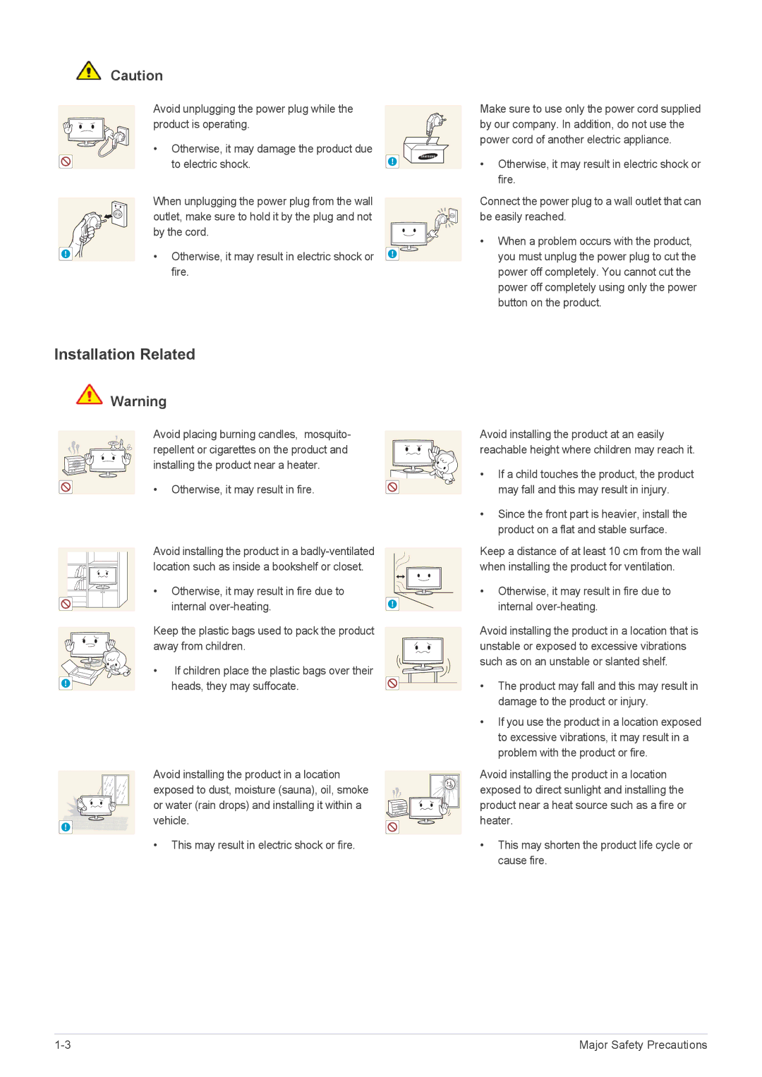 Samsung LS23WHEKFV/HS, LS23WHEKFV/XJ, LS23WHUKFV/EN, LS23WHEKFV/EN manual Installation Related, To electric shock, Fire 