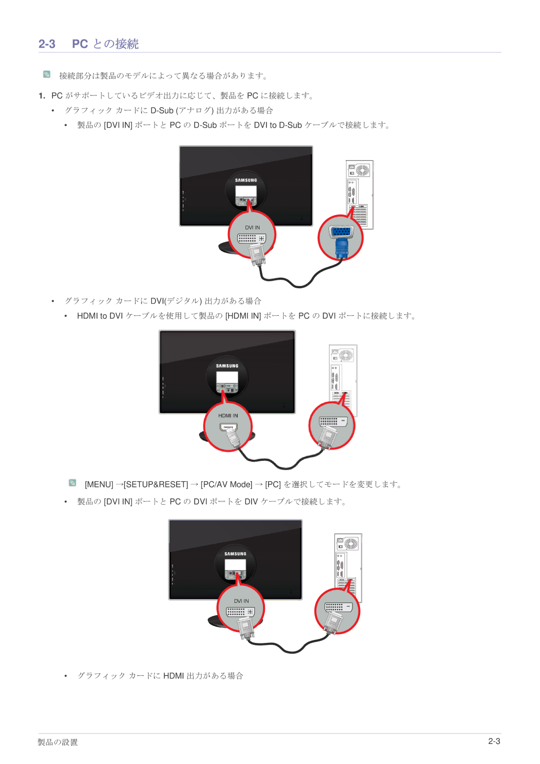 Samsung LS23WHEKFV/XJ manual Pc との接続, グラフィック カードに Dviデジタル 出力がある場合, 製品の DVI in ポートと PC の DVI ポートを DIV ケーブルで接続します。 